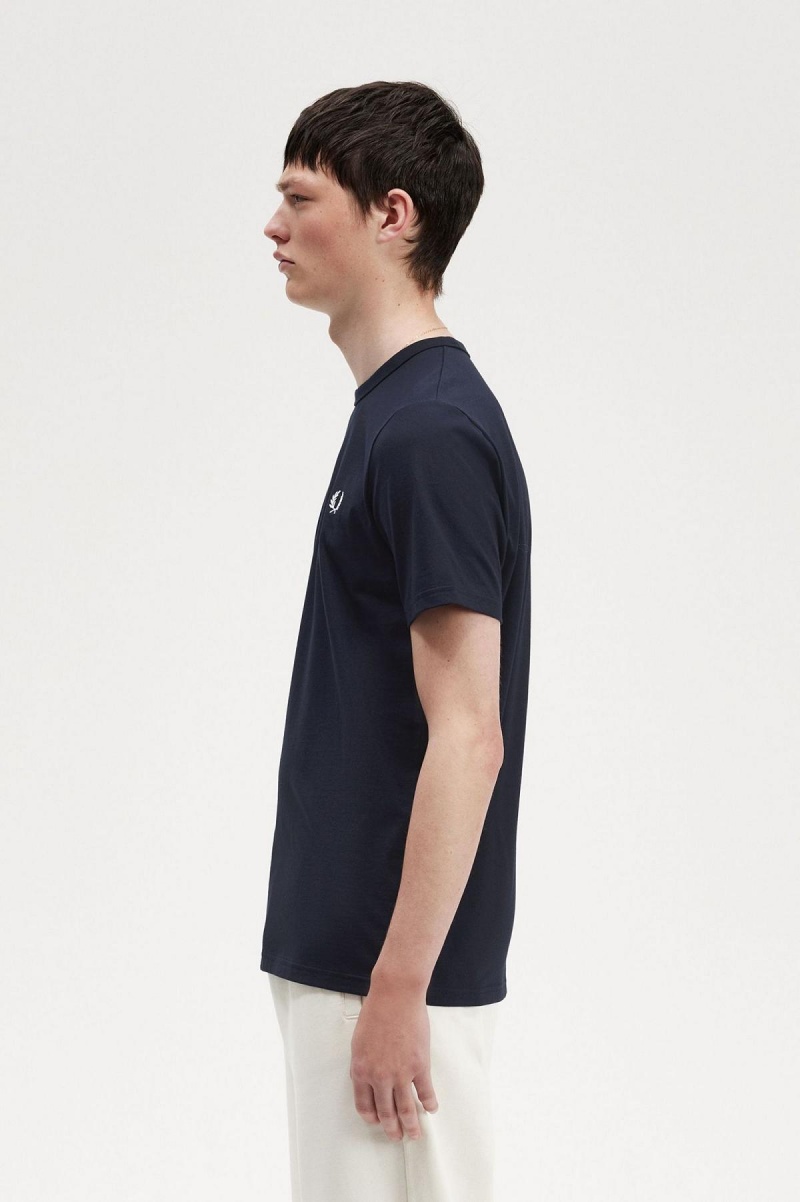 Navy Fred Perry Tape Detail Men's T Shirts | SGJZR68129