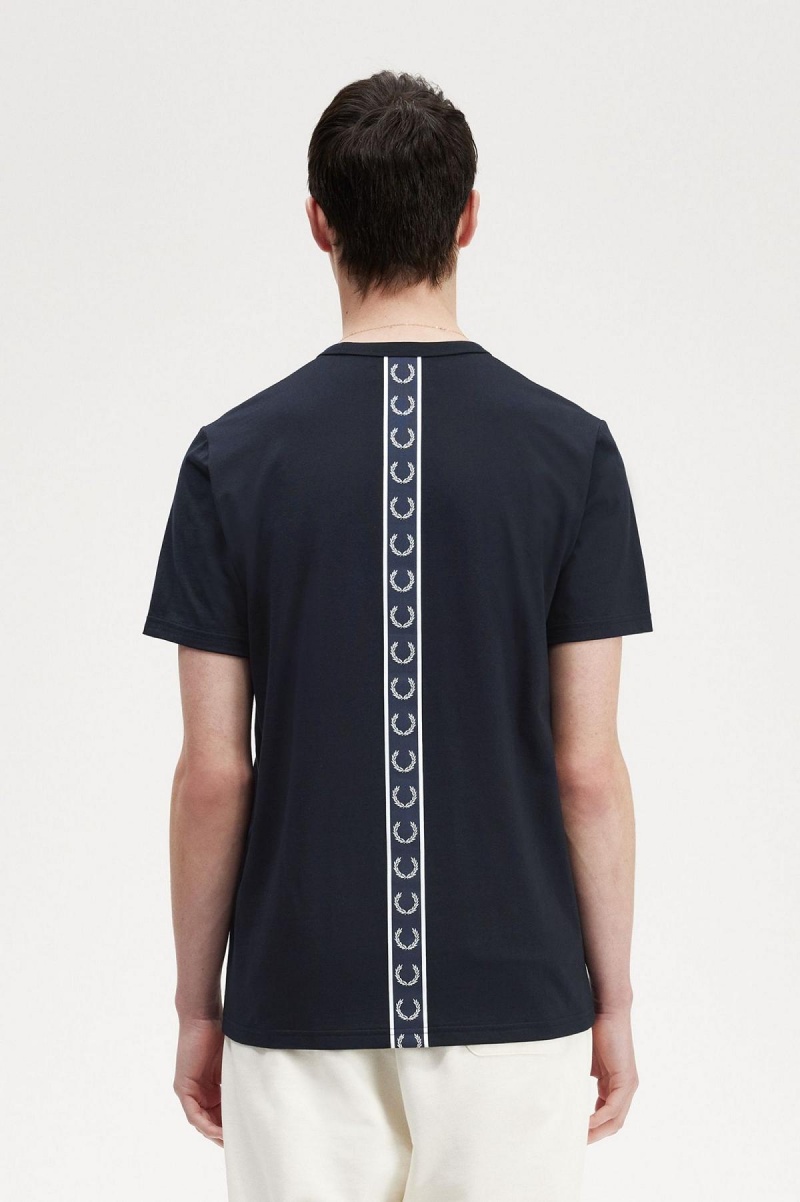 Navy Fred Perry Tape Detail Men's T Shirts | SGJZR68129