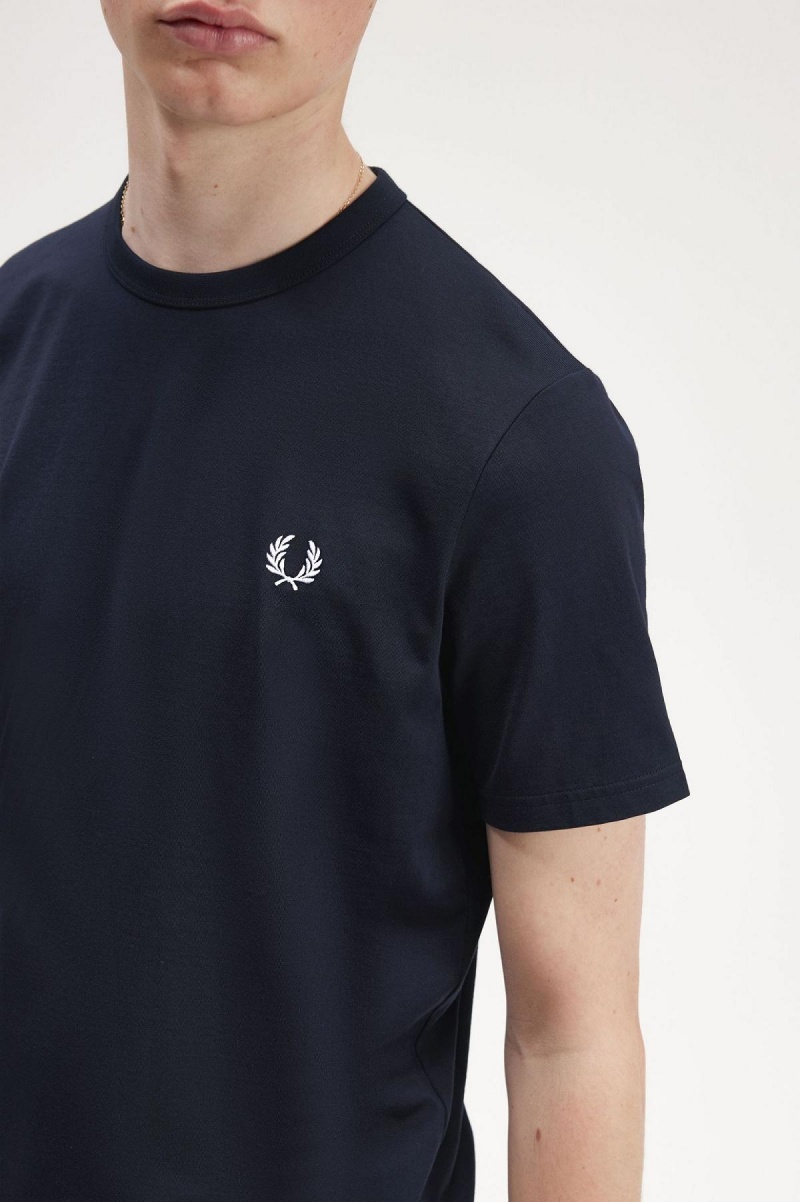 Navy Fred Perry Tape Detail Men's T Shirts | SGJZR68129