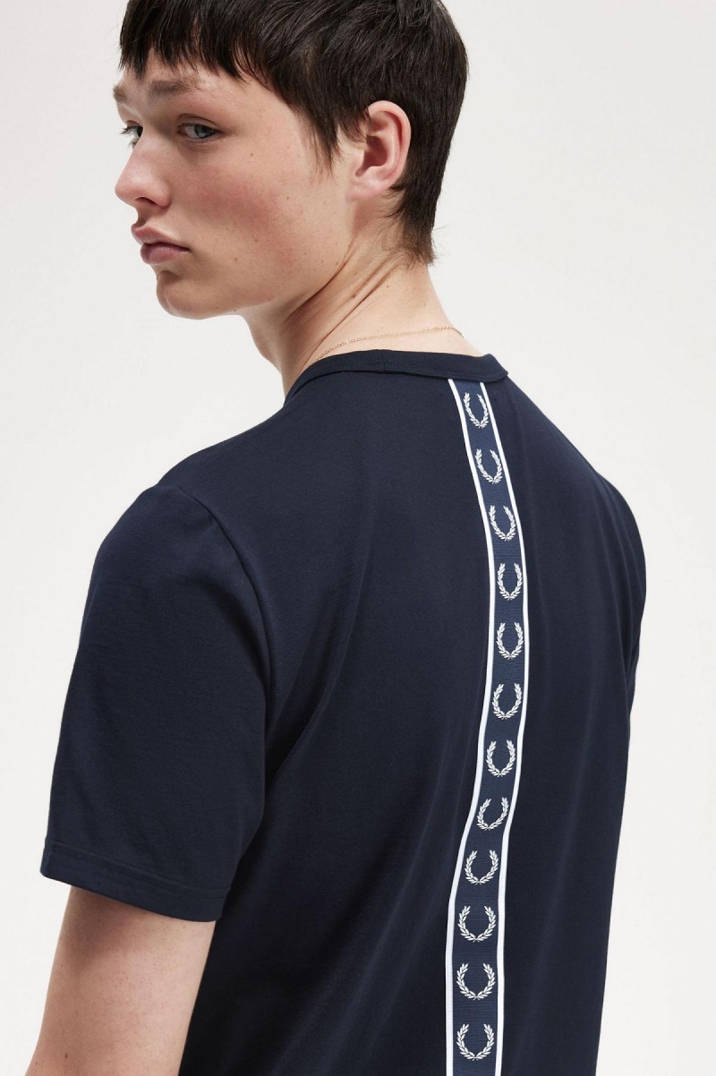 Navy Fred Perry Tape Detail Men's T Shirts | SGJZR68129