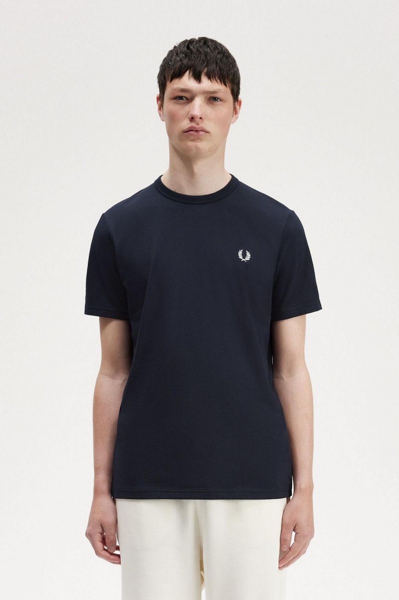 Navy Fred Perry Tape Detail Men\'s T Shirts | SGJZR68129