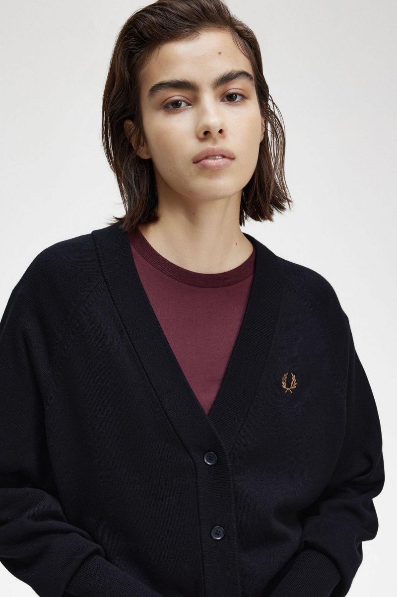 Navy Fred Perry V-Neck Cardigan Women's Knitwear | SGJKU15562