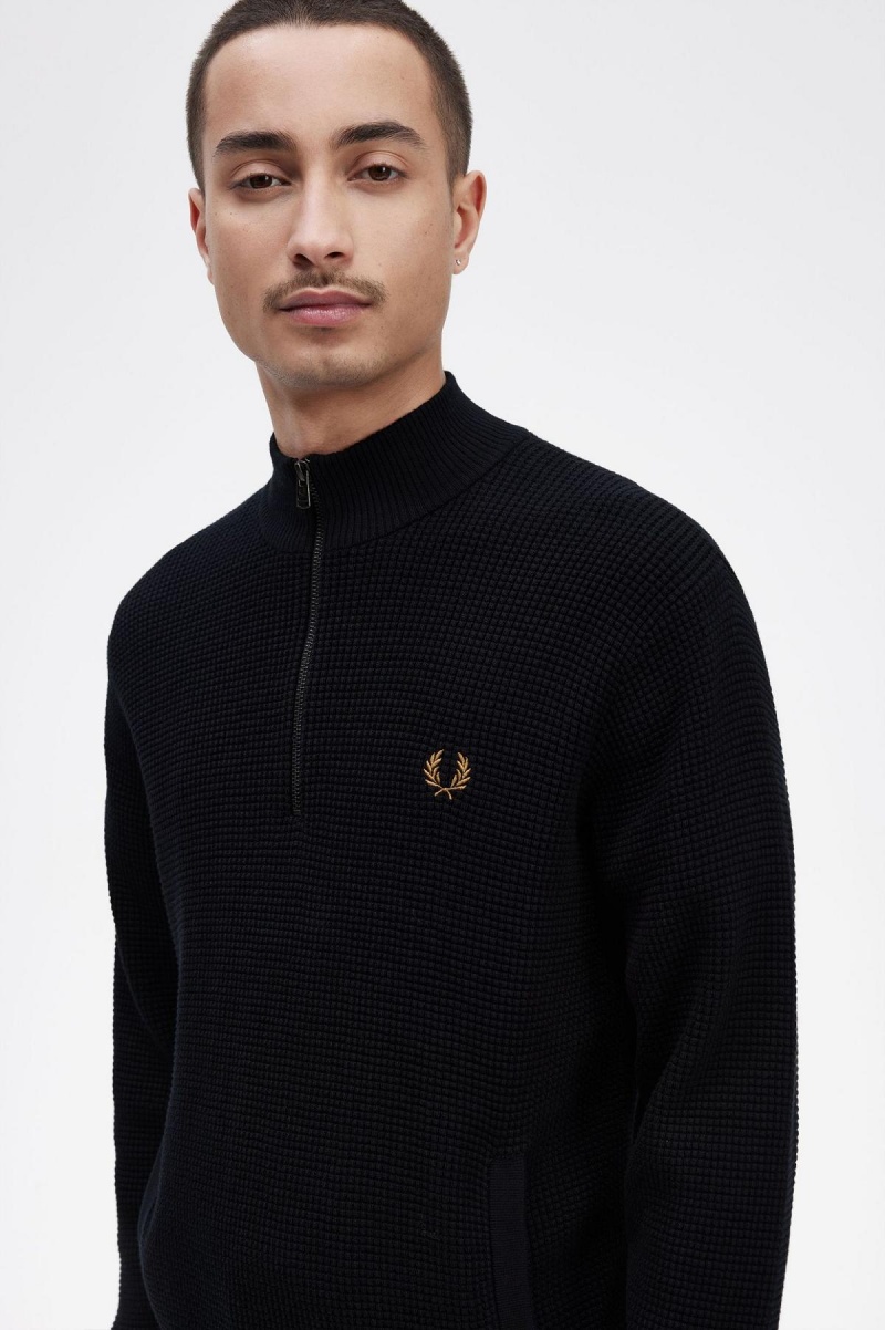 Navy Fred Perry Waffle Stitch Half Zip Jumper Men's Knitwear | ESGVG50421