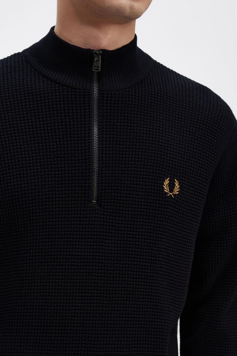 Navy Fred Perry Waffle Stitch Half Zip Jumper Men's Knitwear | ESGVG50421