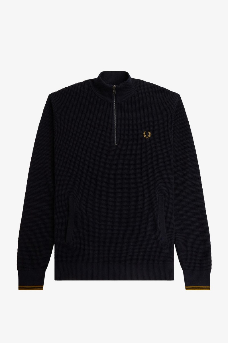 Navy Fred Perry Waffle Stitch Half Zip Jumper Men's Knitwear | ESGVG50421