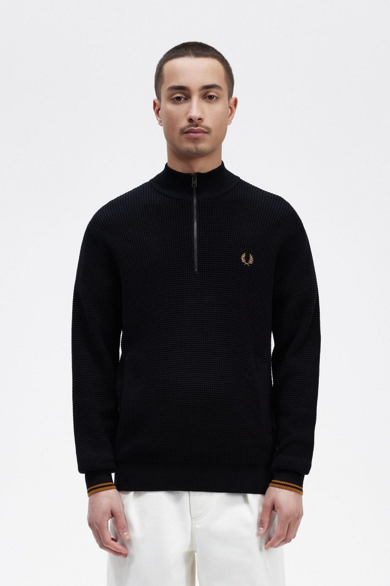 Navy Fred Perry Waffle Stitch Half Zip Jumper Men\'s Knitwear | ESGVG50421