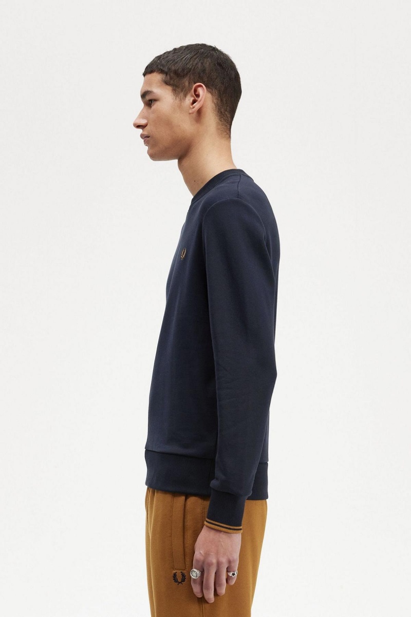 Navy / Dark Caramel Fred Perry Crew Neck Men's Sweatshirts | SGJVR64674