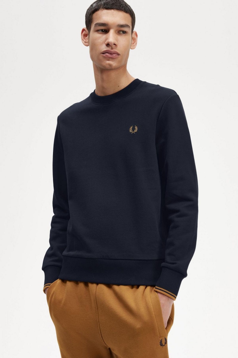 Navy / Dark Caramel Fred Perry Crew Neck Men's Sweatshirts | SGJVR64674