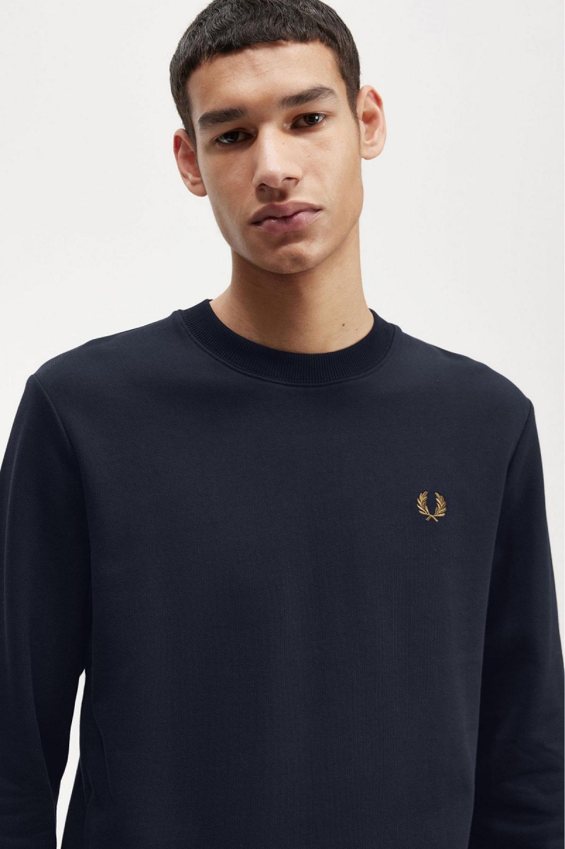 Navy / Dark Caramel Fred Perry Crew Neck Men's Sweatshirts | SGJVR64674