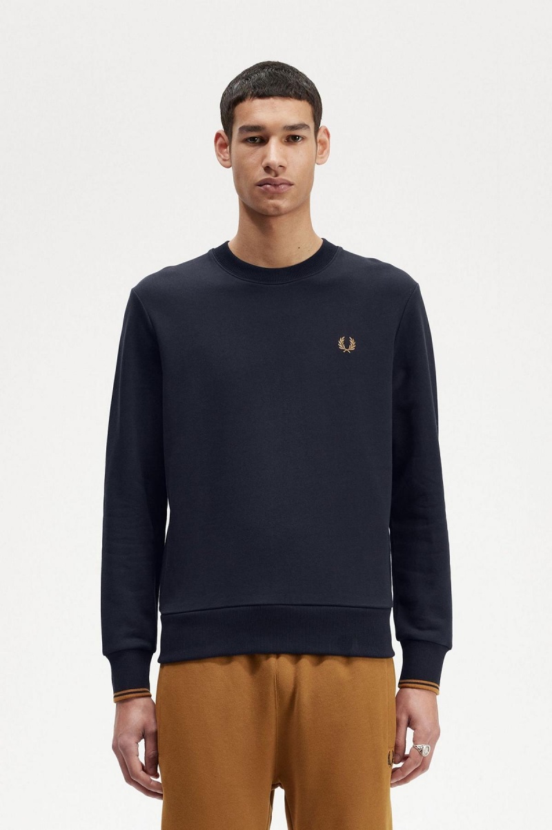 Navy / Dark Caramel Fred Perry Crew Neck Men\'s Sweatshirts | SGJVR64674