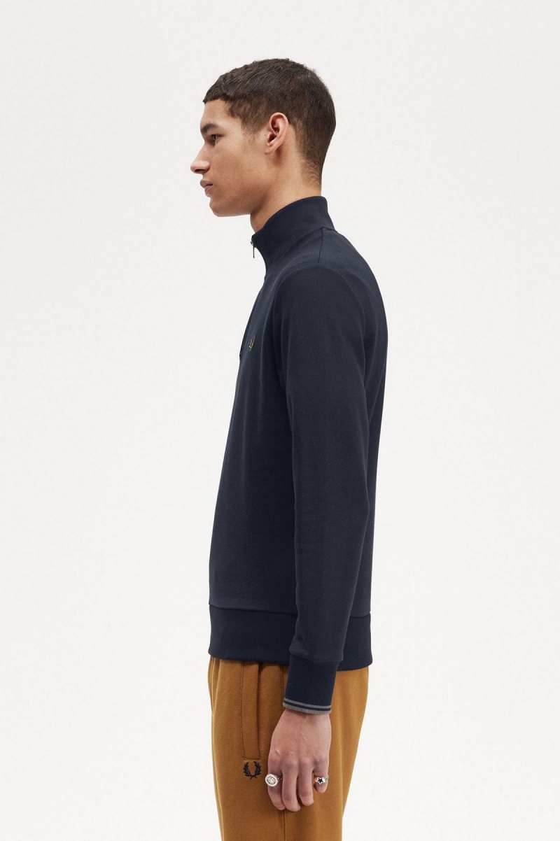 Navy / Dark Caramel Fred Perry Half Zip Men's Sweatshirts | ASGWC29348