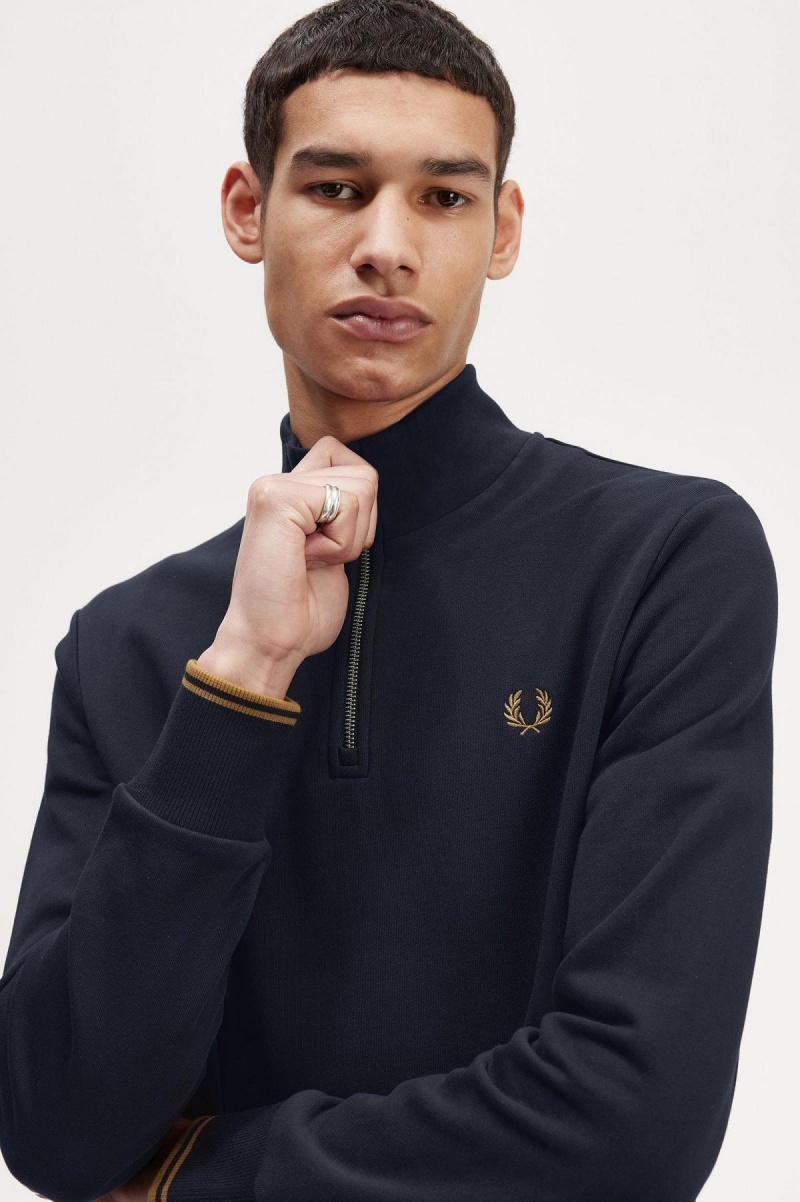 Navy / Dark Caramel Fred Perry Half Zip Men's Sweatshirts | ASGWC29348