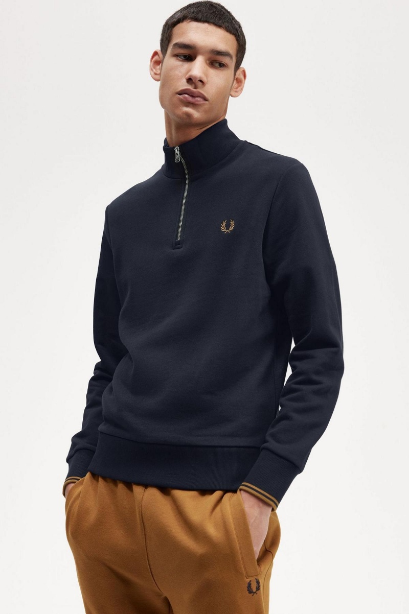 Navy / Dark Caramel Fred Perry Half Zip Men's Sweatshirts | ASGWC29348