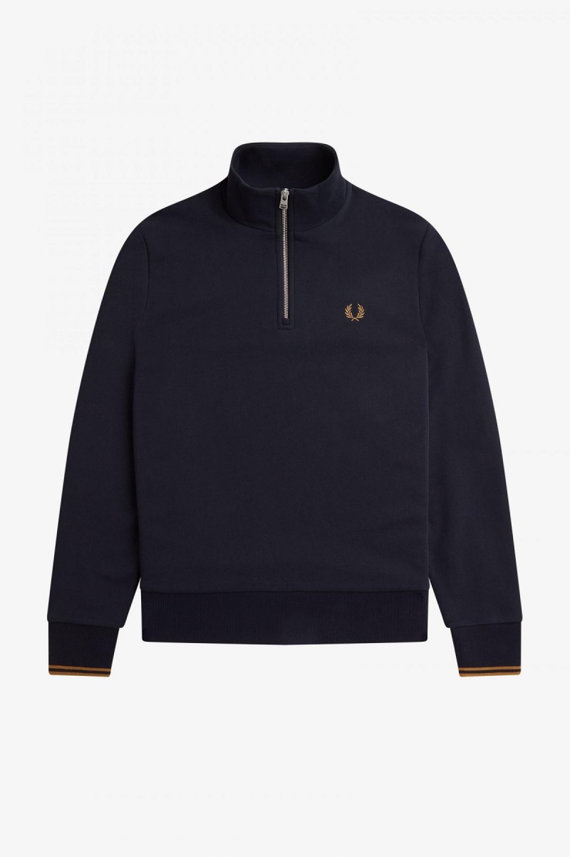 Navy / Dark Caramel Fred Perry Half Zip Men's Sweatshirts | ASGWC29348