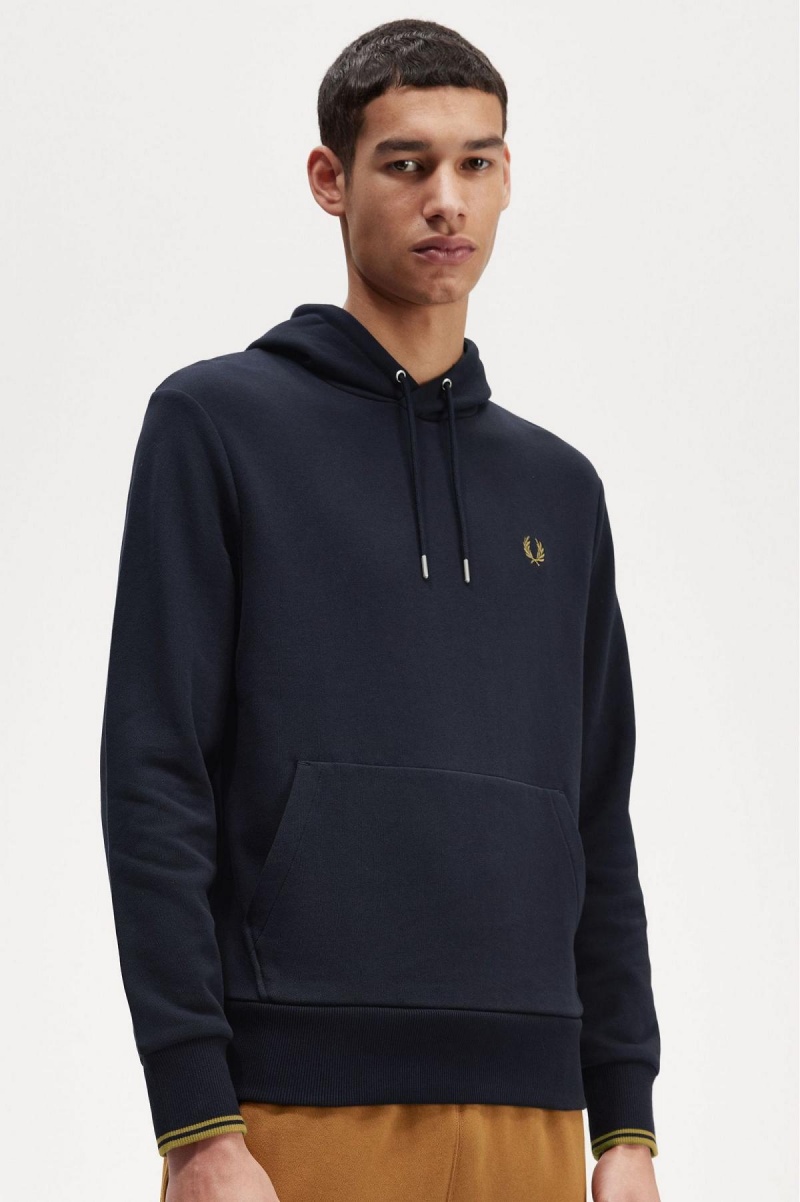 Navy / Dark Caramel Fred Perry Tipped Hooded Men's Sweatshirts | XSGBH58750