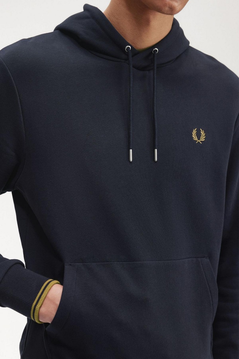 Navy / Dark Caramel Fred Perry Tipped Hooded Men's Sweatshirts | XSGBH58750