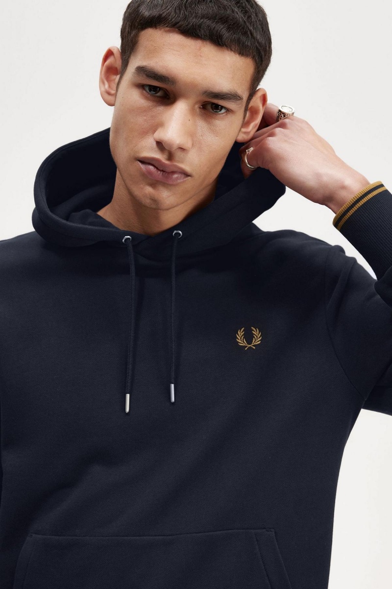 Navy / Dark Caramel Fred Perry Tipped Hooded Men's Sweatshirts | XSGBH58750