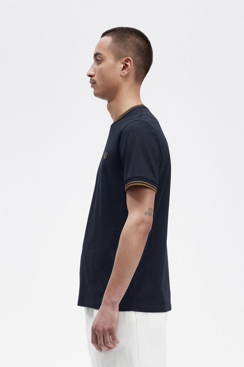 Navy / Dark Caramel Fred Perry Twin Tipped Men's T Shirts | MSGHR51604