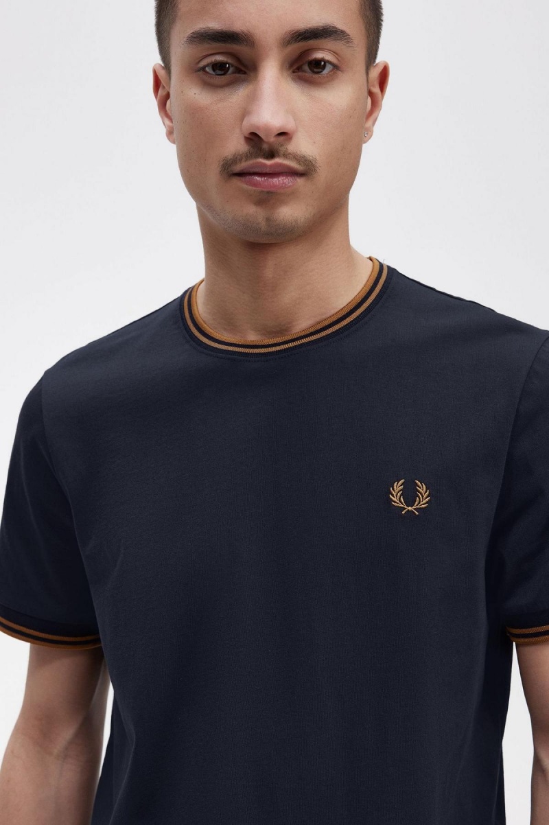 Navy / Dark Caramel Fred Perry Twin Tipped Men's T Shirts | MSGHR51604