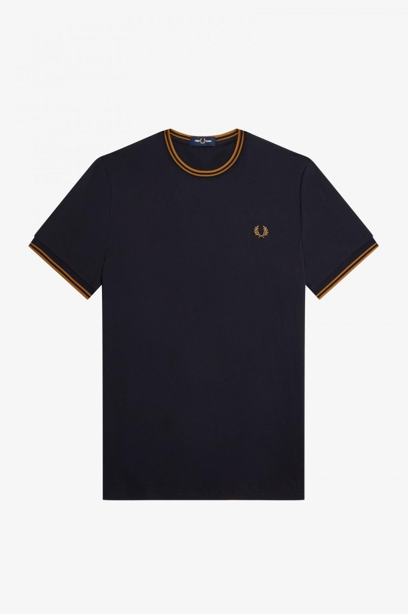 Navy / Dark Caramel Fred Perry Twin Tipped Men's T Shirts | MSGHR51604