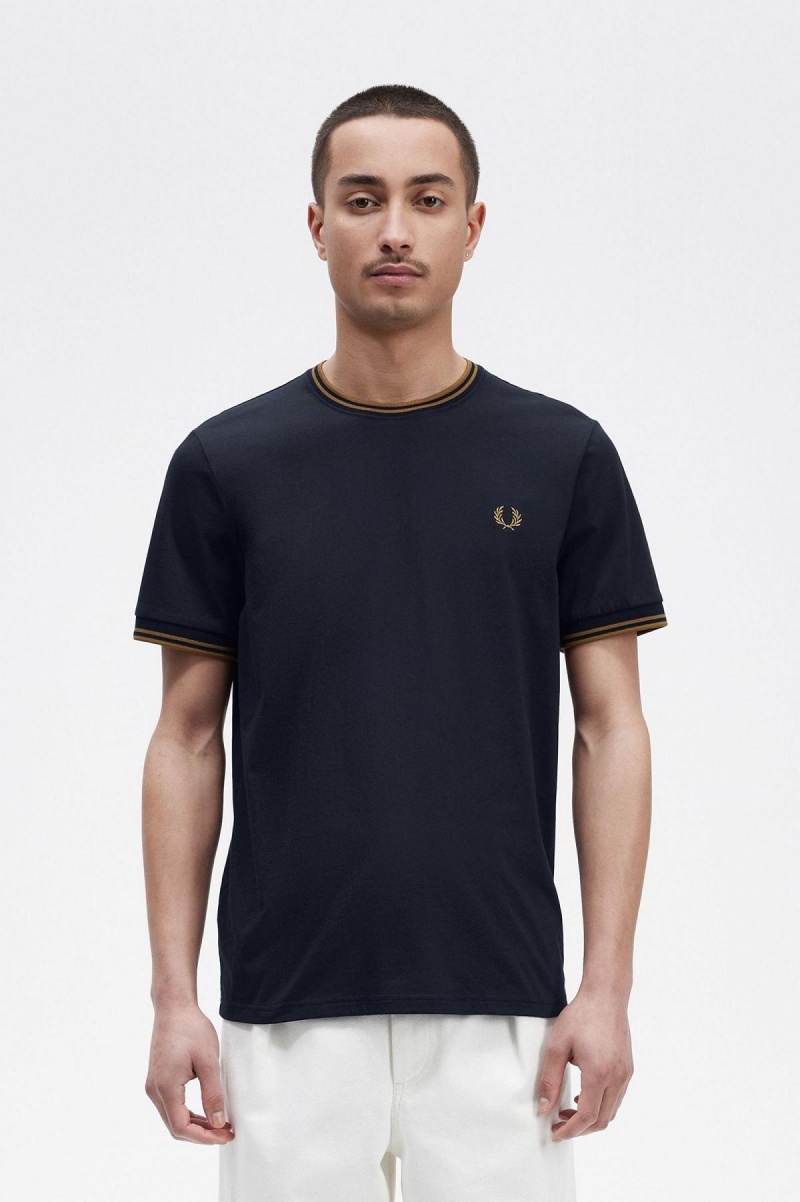 Navy / Dark Caramel Fred Perry Twin Tipped Men\'s T Shirts | MSGHR51604