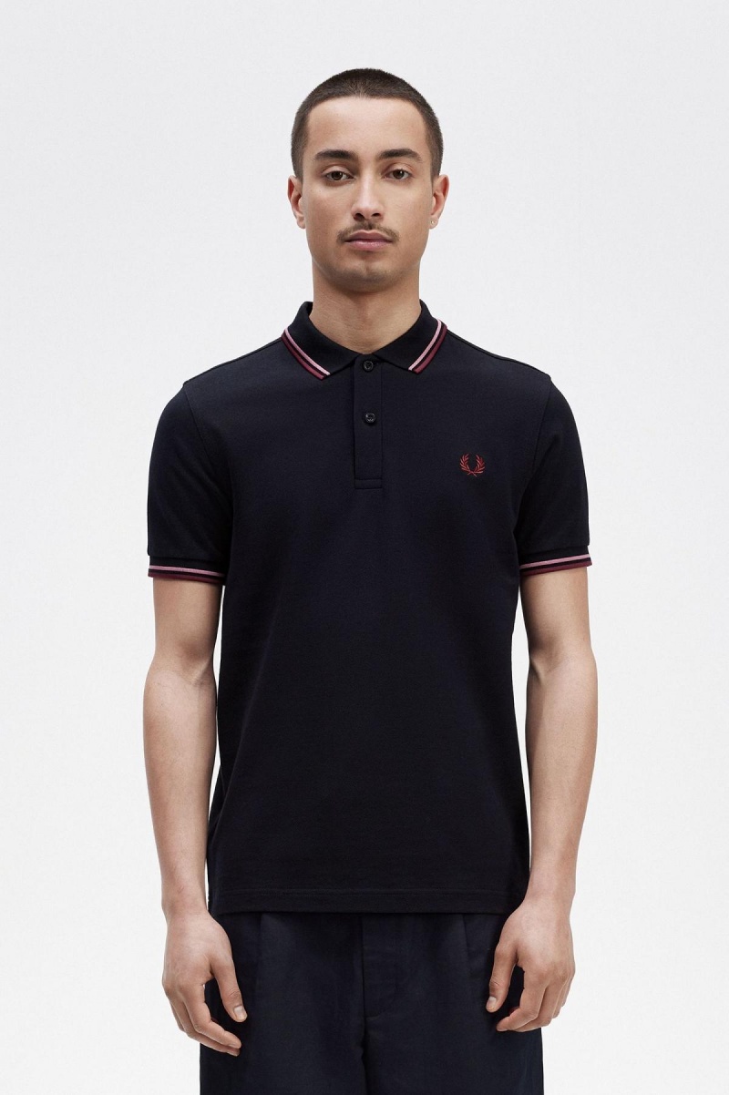 Navy / Dusty Rose Pink / Oxblood Fred Perry M3600 Men's Fred Perry Shirt | QSGWA74108