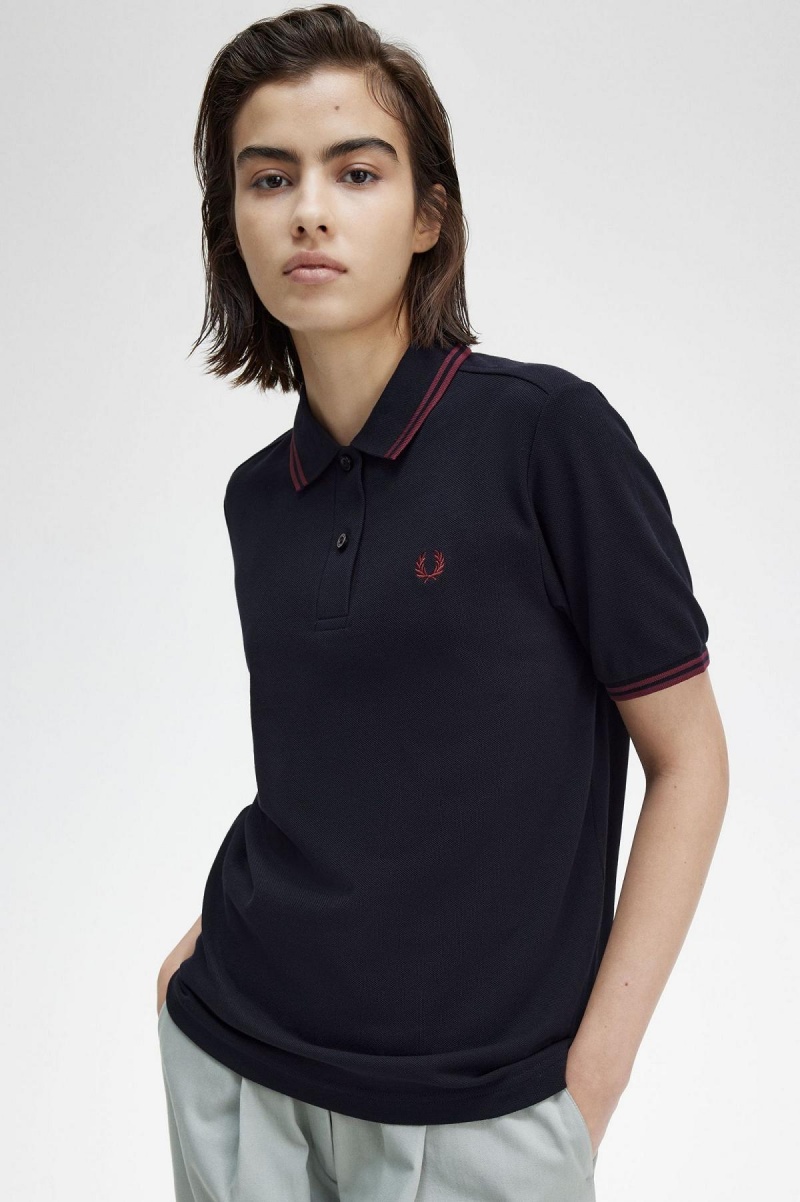 Navy / Oxblood / Oxblood Fred Perry G3600 Women's Polo Shirts | YSGVQ65519