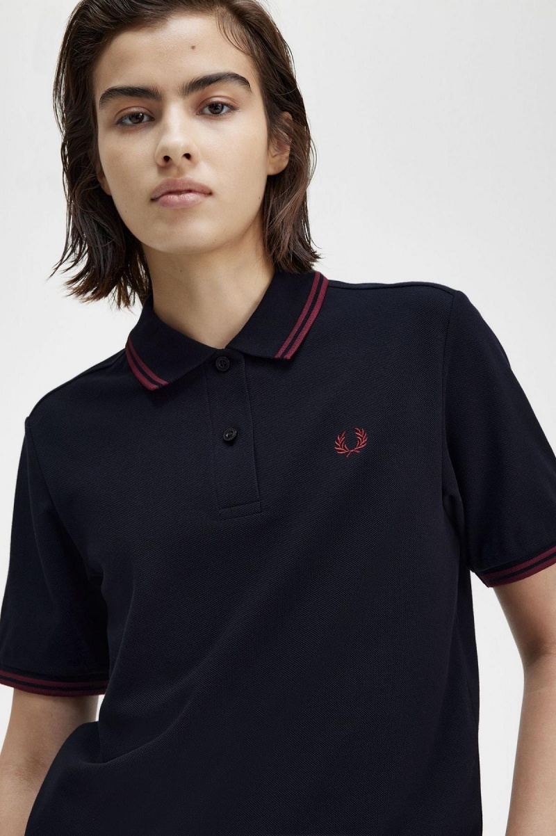 Navy / Oxblood / Oxblood Fred Perry G3600 Women's Polo Shirts | YSGVQ65519