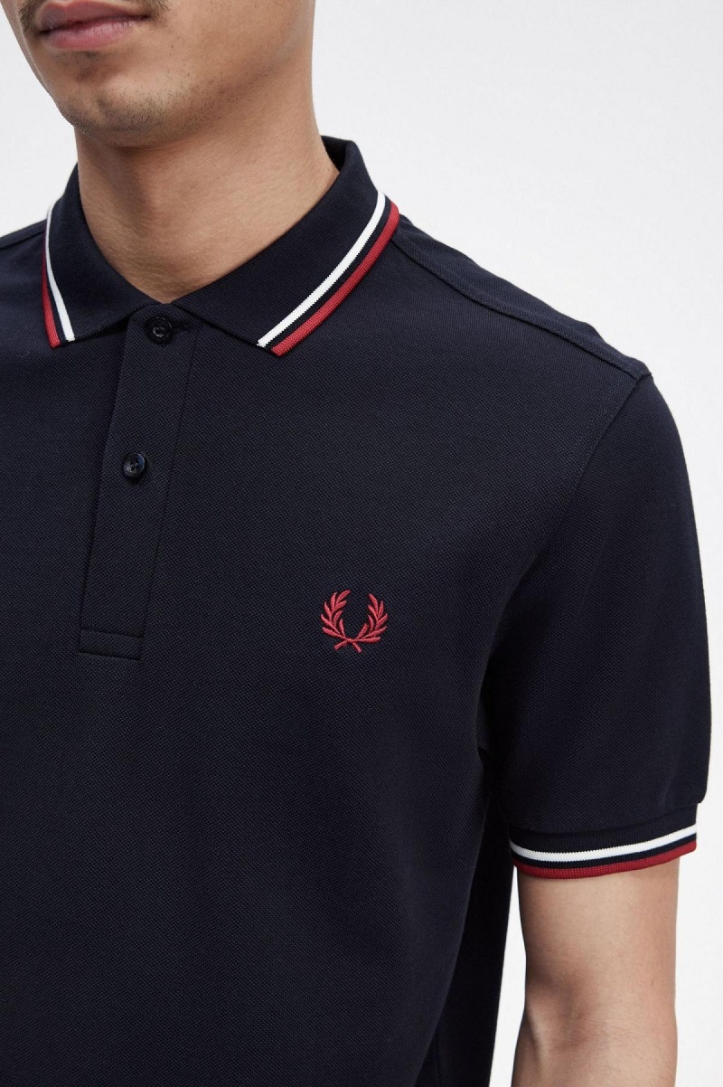 Navy / Snow White / Burnt Red Fred Perry M3600 Men's Polo Shirts | SGDFL72843