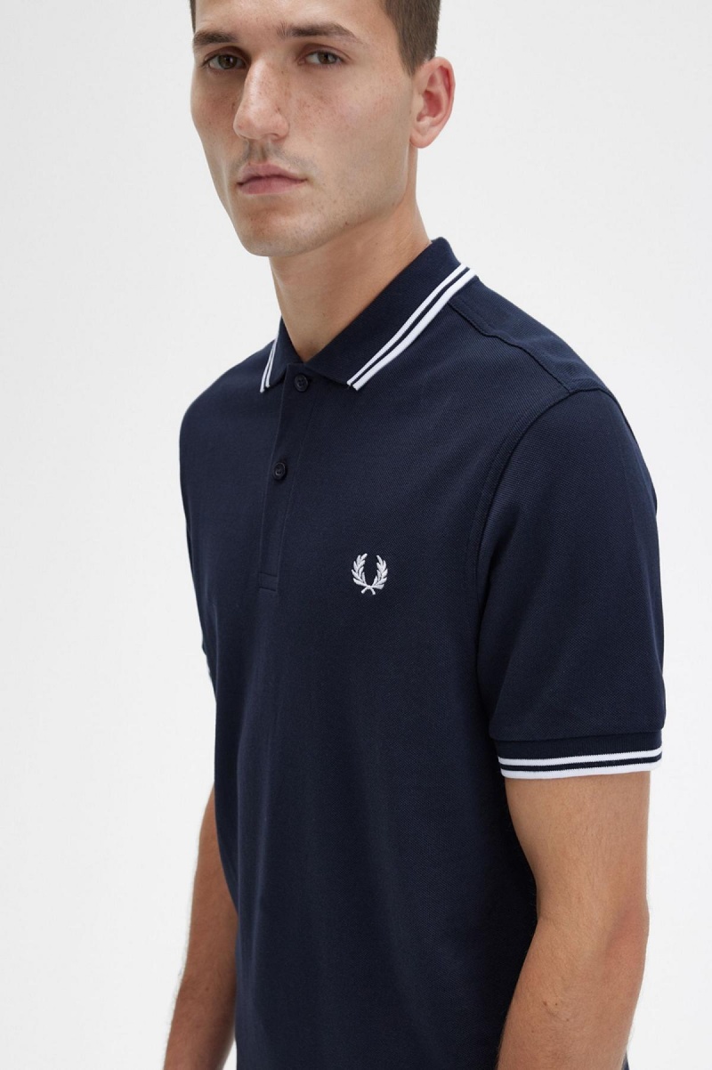 Navy / White / White Fred Perry M3600 Men's Polo Shirts | SGNEJ82862