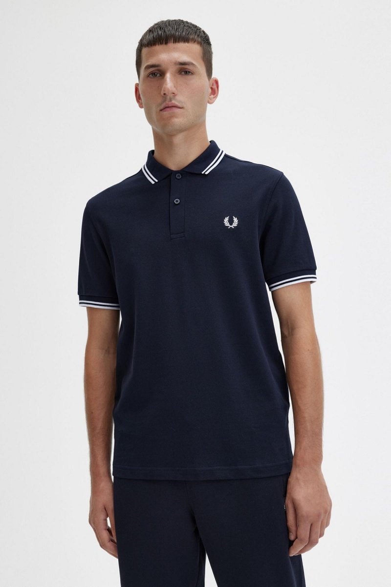 Navy / White / White Fred Perry M3600 Men's Polo Shirts | SGNEJ82862