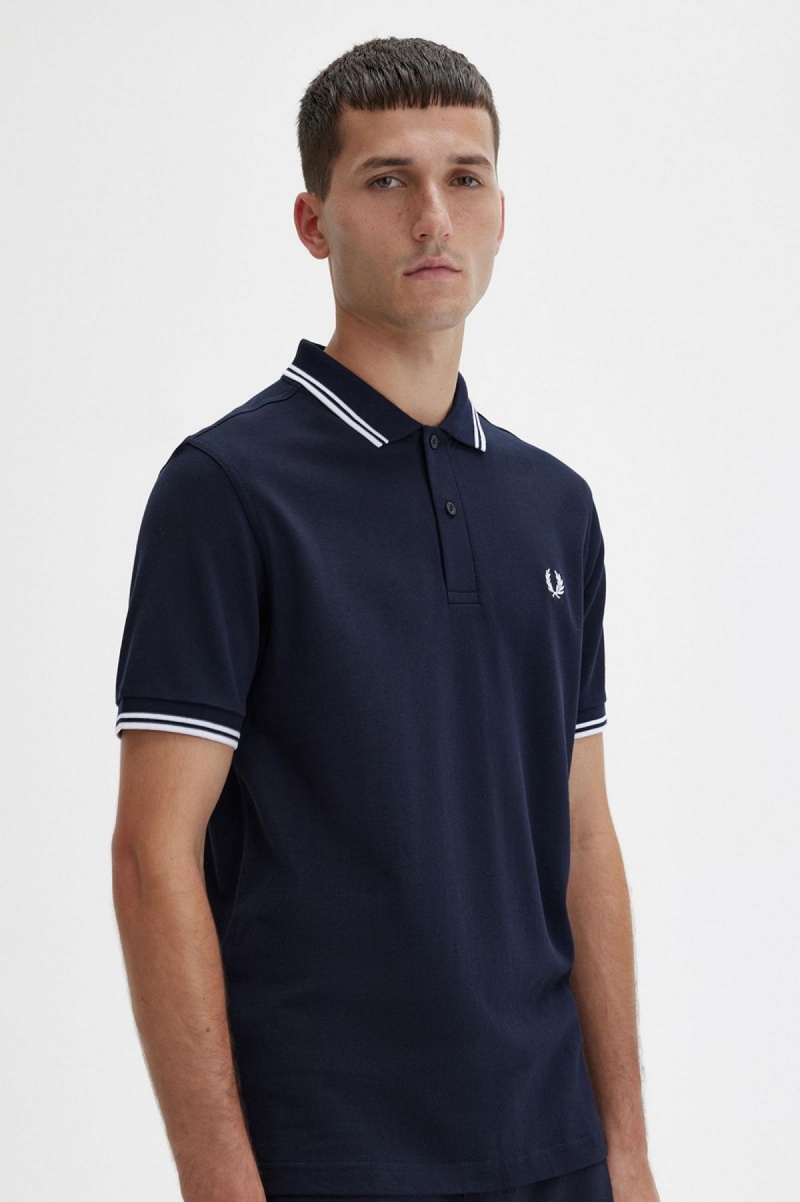 Navy / White / White Fred Perry M3600 Men's Polo Shirts | SGNEJ82862