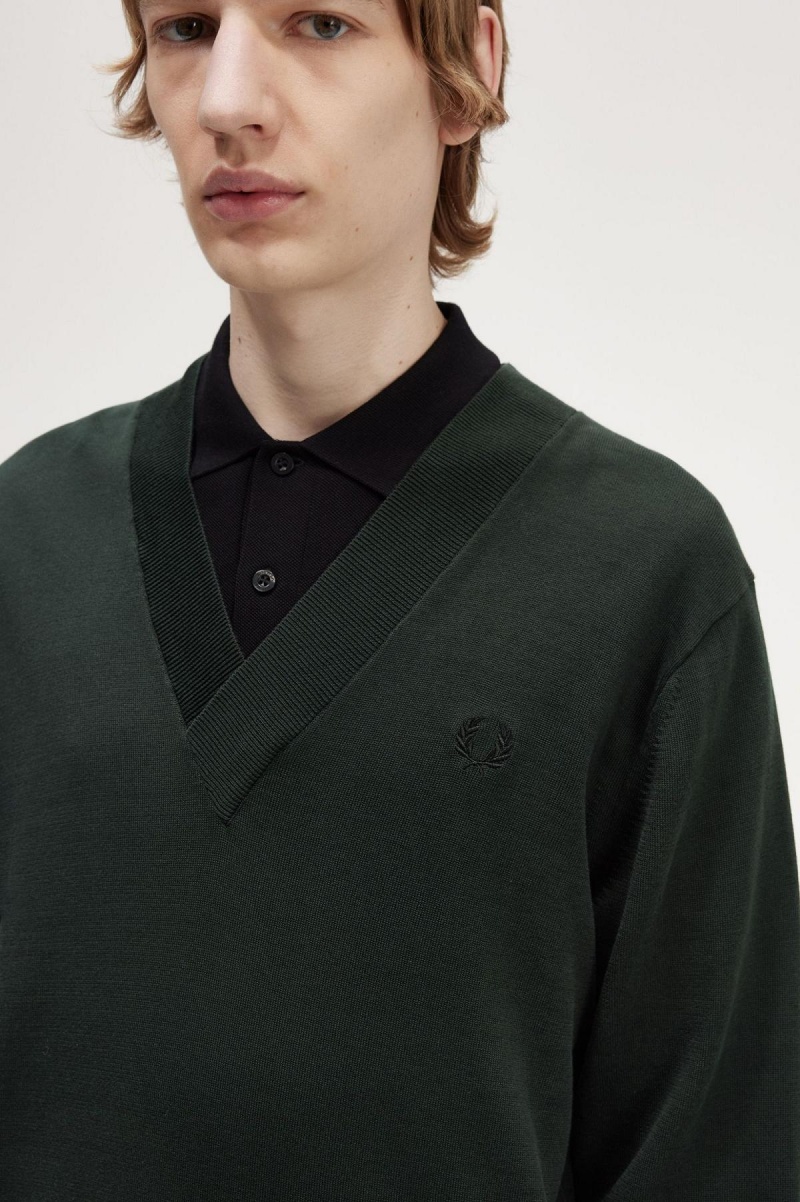 Night Green Fred Perry V-Neck Jumper Men's Knitwear | QSGUV35631