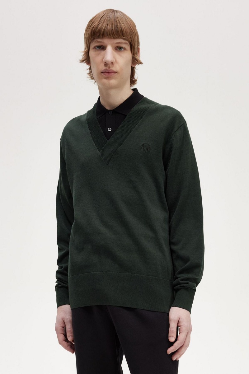 Night Green Fred Perry V-Neck Jumper Men's Knitwear | QSGUV35631