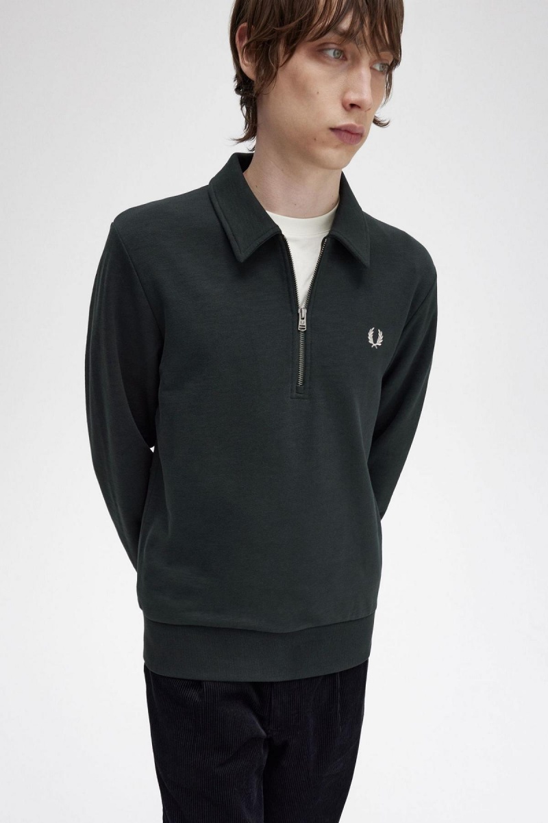 Night Green Fred Perry Zip Neck Collar Men's Sweatshirts | BSGSO73945