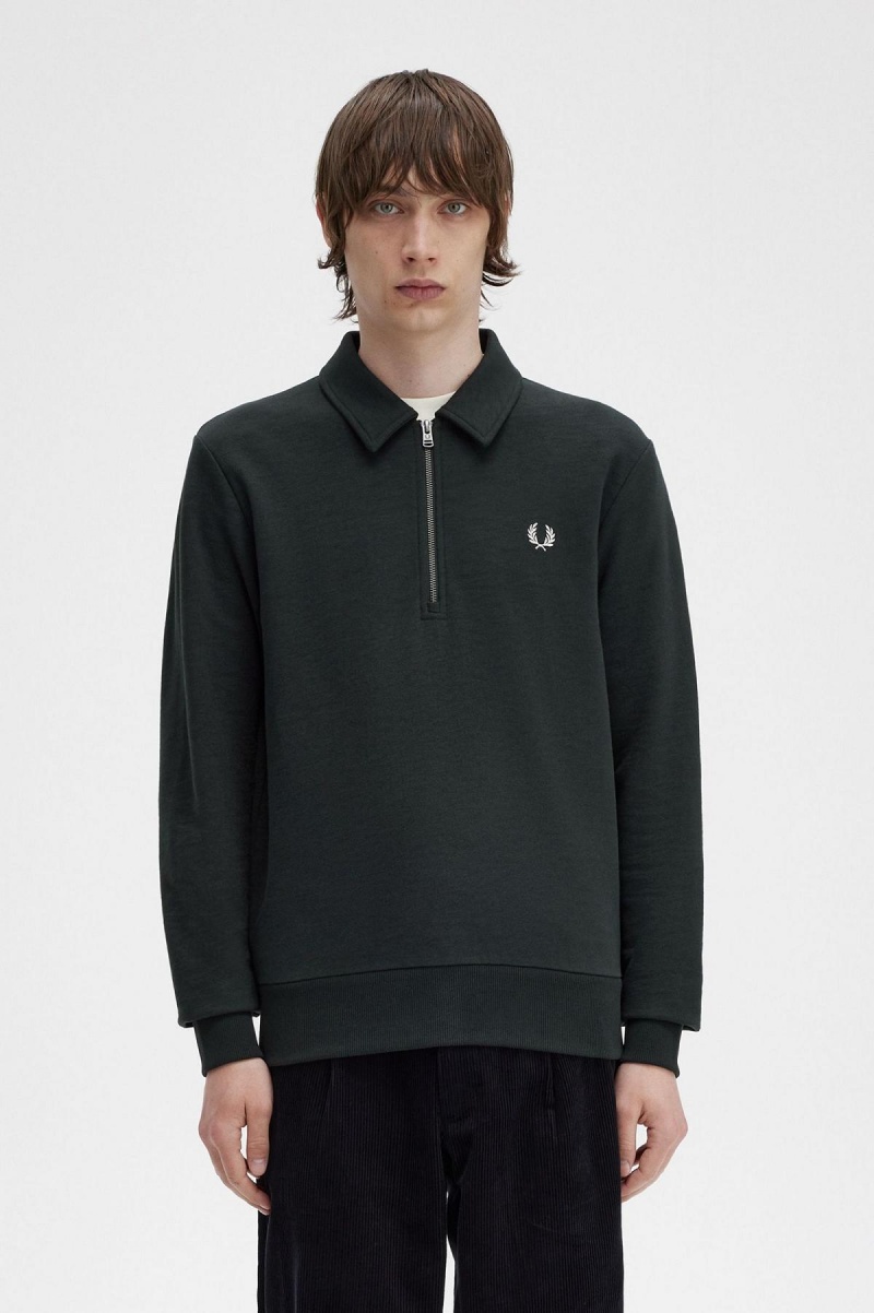 Night Green Fred Perry Zip Neck Collar Men\'s Sweatshirts | BSGSO73945