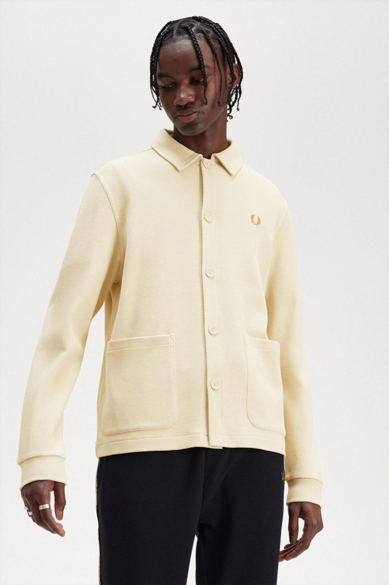 Oatmeal Fred Perry Button Through Long Sleeve Men's Shirts | SGXMI98338