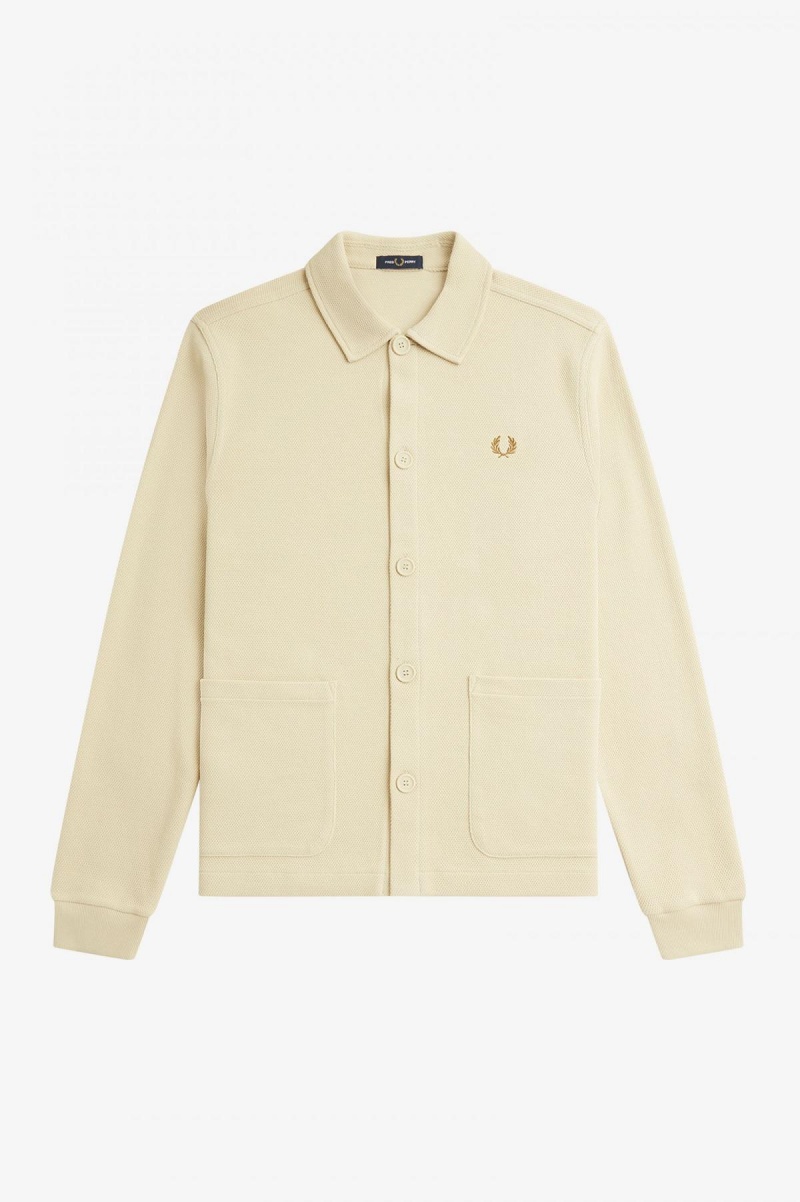 Oatmeal Fred Perry Button Through Long Sleeve Men's Shirts | SGXMI98338