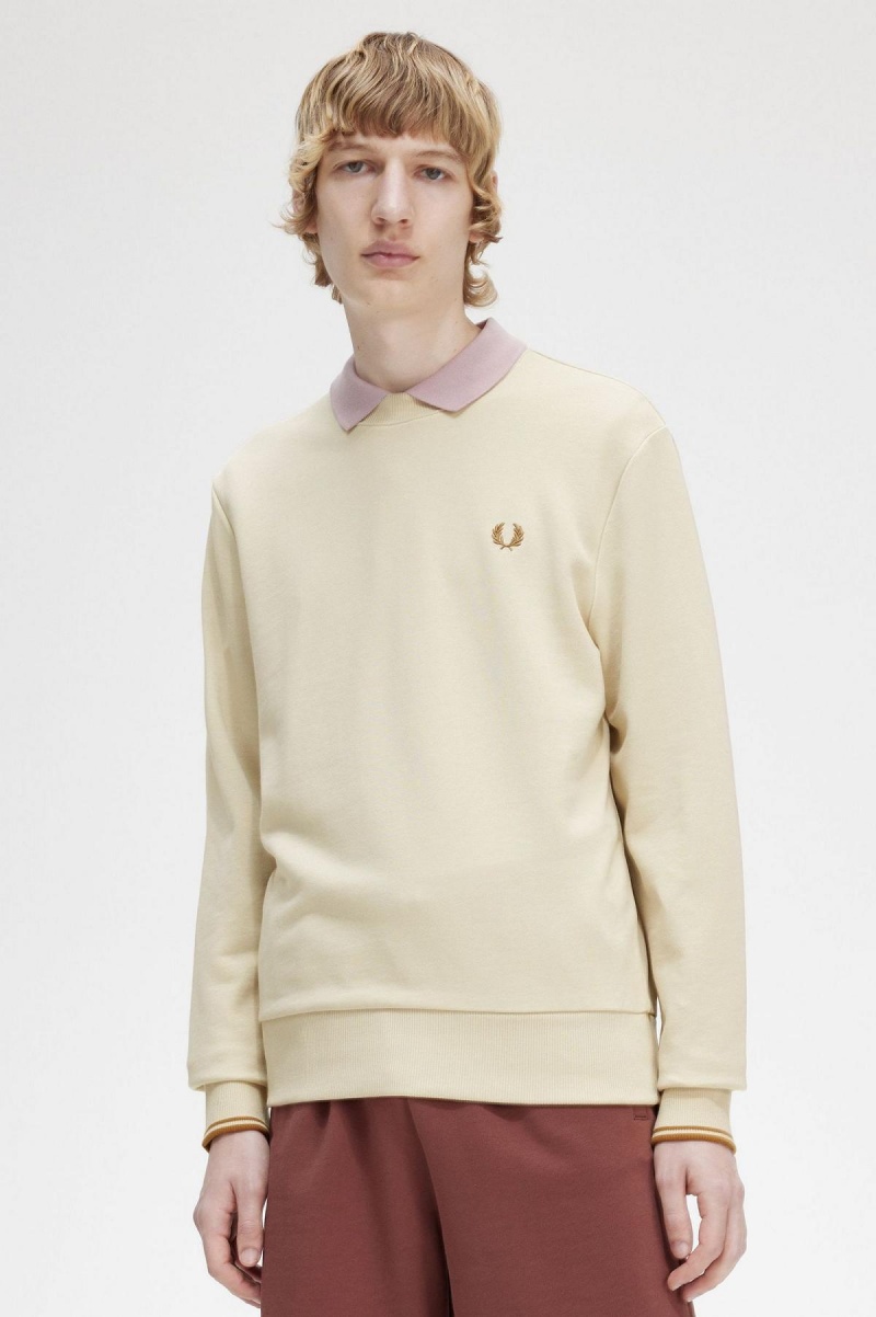 Oatmeal Fred Perry Crew Neck Men's Sweatshirts | SGJVR49172