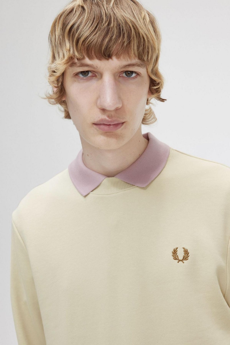 Oatmeal Fred Perry Crew Neck Men's Sweatshirts | SGJVR49172