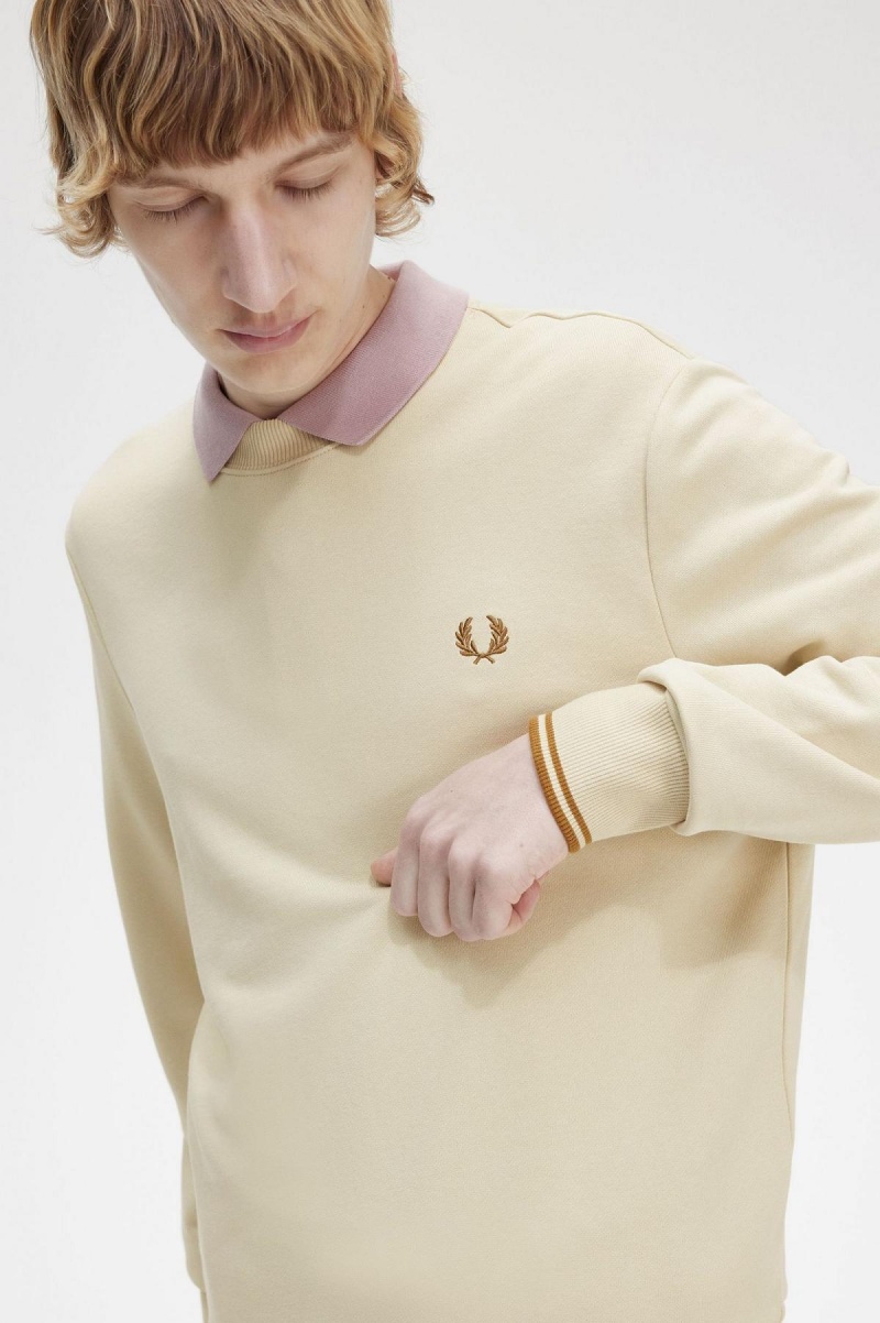 Oatmeal Fred Perry Crew Neck Men's Sweatshirts | SGJVR49172