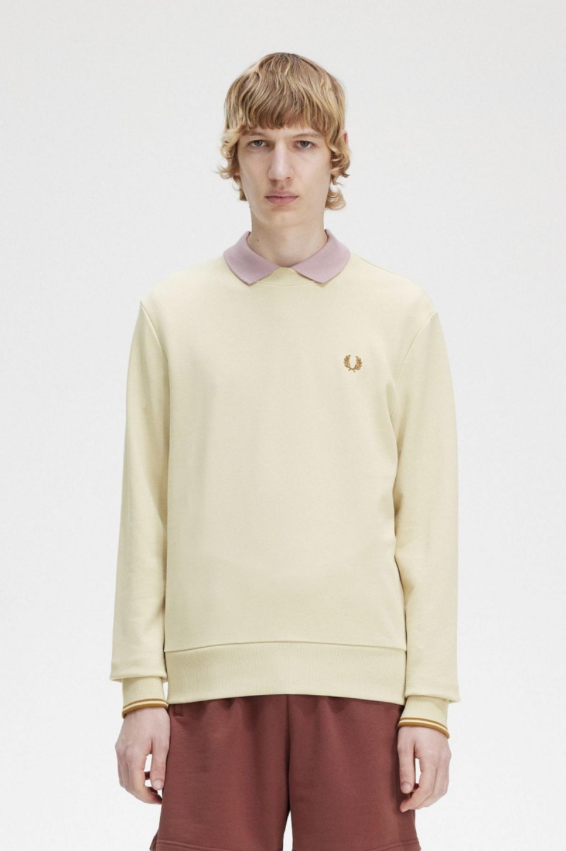 Oatmeal Fred Perry Crew Neck Men\'s Sweatshirts | SGJVR49172