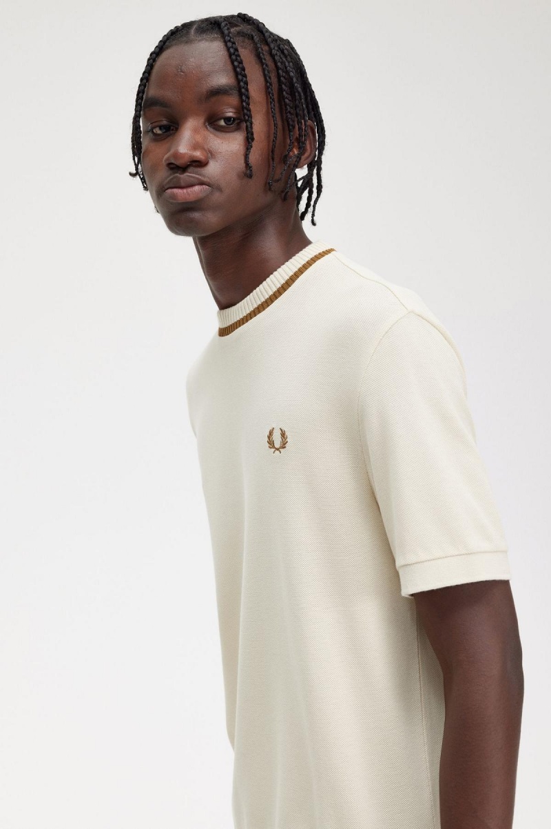 Oatmeal Fred Perry Crew Neck Piqué Men's T Shirts | ASGWC22713