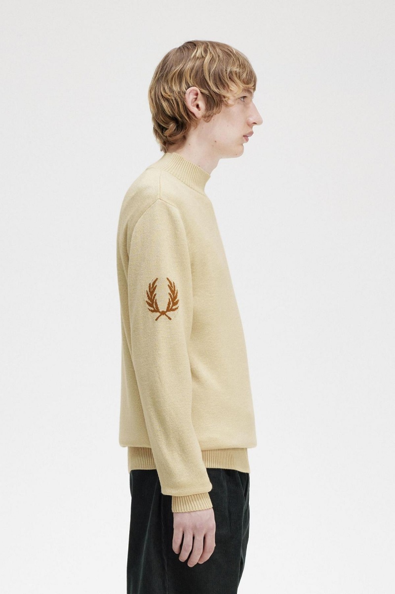 Oatmeal Fred Perry Laurel Wreath Mock Neck Jumper Men's Knitwear | SSGVO98057