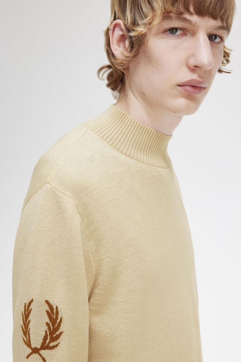 Oatmeal Fred Perry Laurel Wreath Mock Neck Jumper Men's Knitwear | SSGVO98057