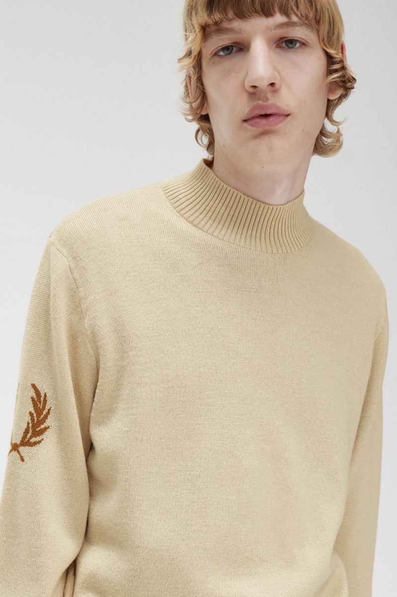 Oatmeal Fred Perry Laurel Wreath Mock Neck Jumper Men's Knitwear | SSGVO98057