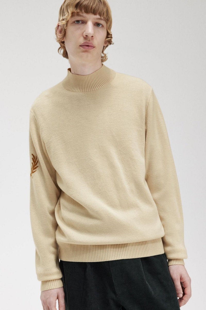 Oatmeal Fred Perry Laurel Wreath Mock Neck Jumper Men's Knitwear | SSGVO98057