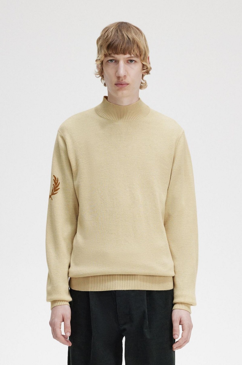 Oatmeal Fred Perry Laurel Wreath Mock Neck Jumper Men\'s Knitwear | SSGVO98057