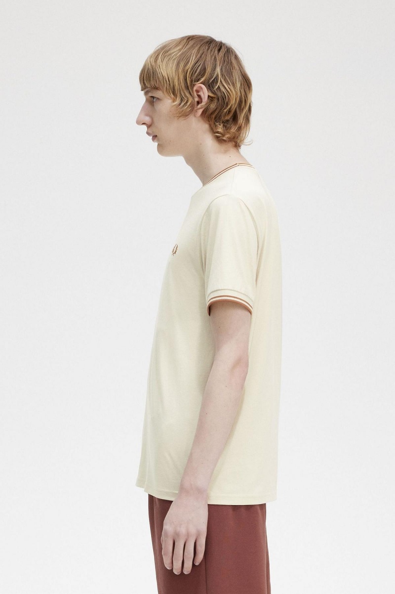 Oatmeal Fred Perry Twin Tipped Men's T Shirts | SGJKU55167