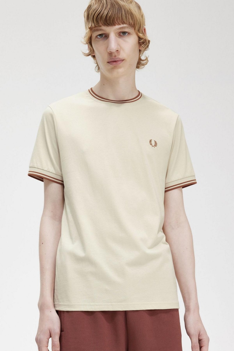 Oatmeal Fred Perry Twin Tipped Men's T Shirts | SGJKU55167